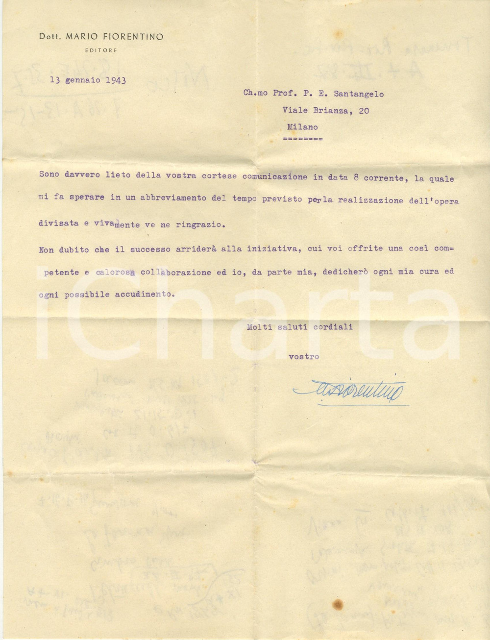 Autografo originale 1943 NAPOLI Mario FIORENTINO si congratula con un suo autore AUTOGRAFO 1