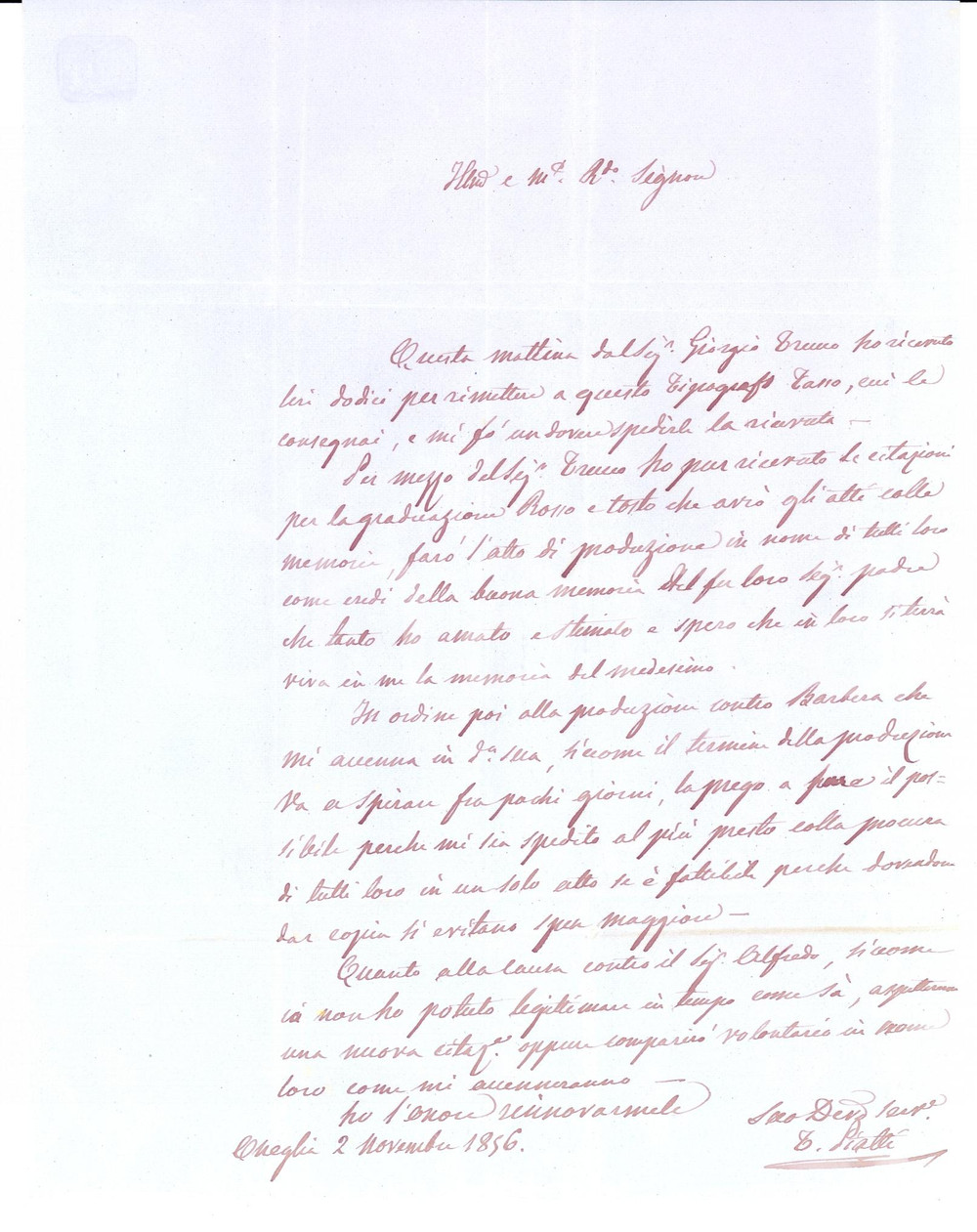 Manoscritto, lettera originale 1856 ONEGLIA IM Tommaso PIATTI pro eredi del defunto amico ROSSO Lettera 1