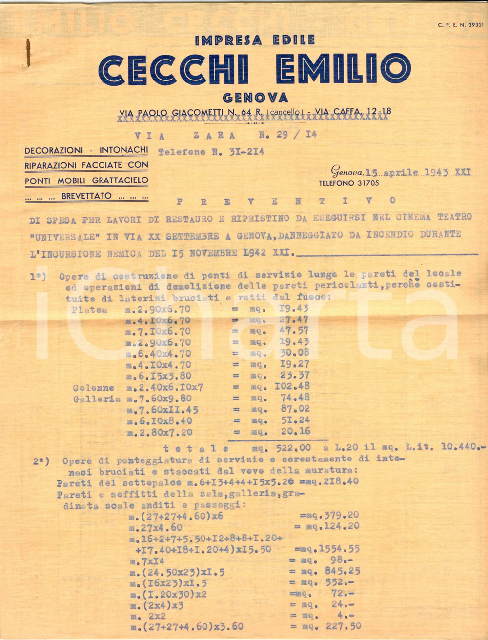 Documento originale, autentico 1943 WW2 GENOVA Ditta Emilio CECCHI restauri bombardamento Cinema UNIVERSALE 1