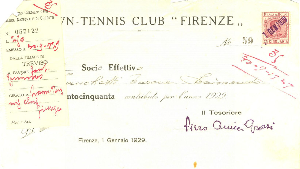 Documento originale, autentico 1929 FIRENZE LAWN TENNIS CLUB Ricevuta a socio per quota annuale 1
