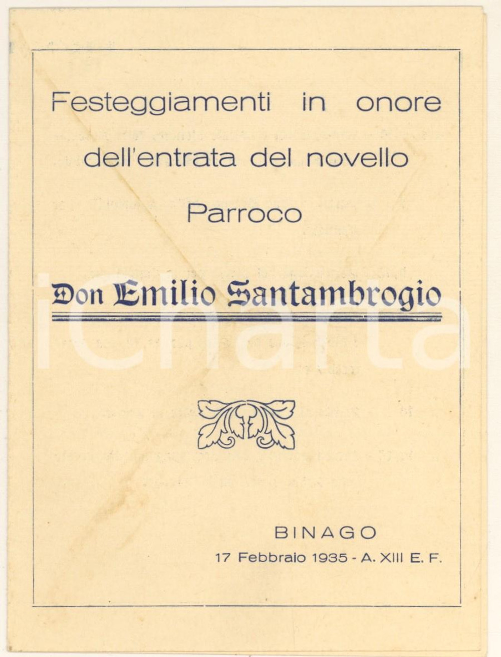 Documento originale, autentico 1935 BINAGO (CO) Festeggiamenti per nuovo parroco don Emilio SANTAMBROGIO 1