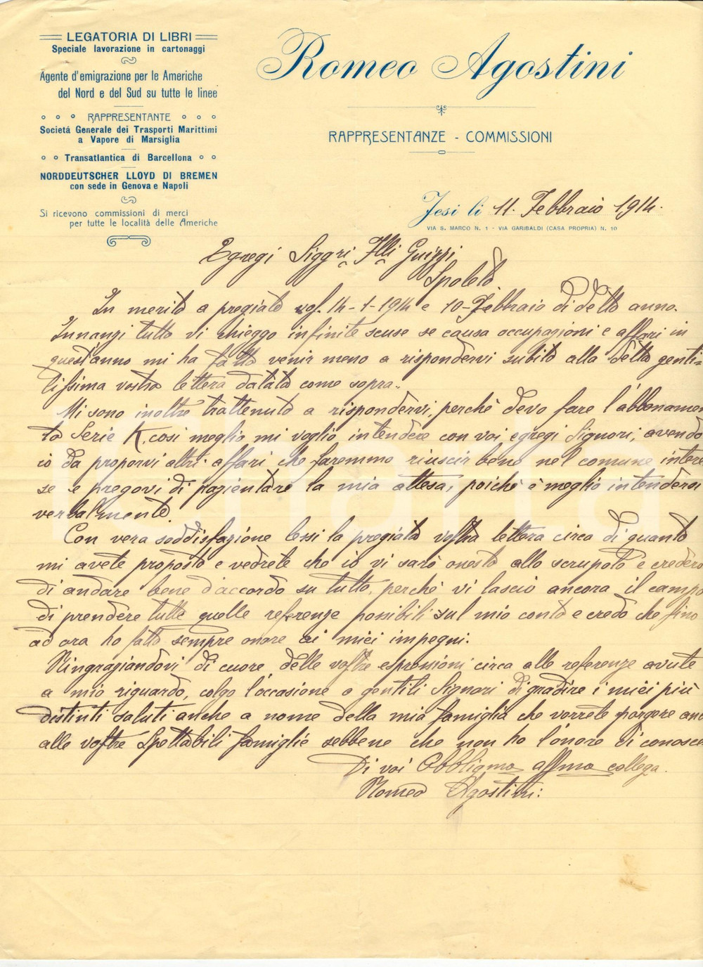 Manoscritto, lettera originale 1914 JESI AN Romeo AGOSTINI socio onesto per i fratelli GUIZZI Lettera 1