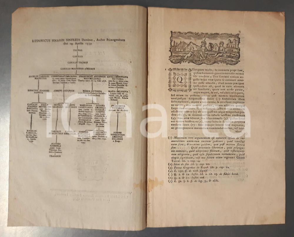 Documento originale, autentico 1774 CARAGLIO (CN) Lite per primogenitura marchese Carlo Maurizio ISNARDI 1