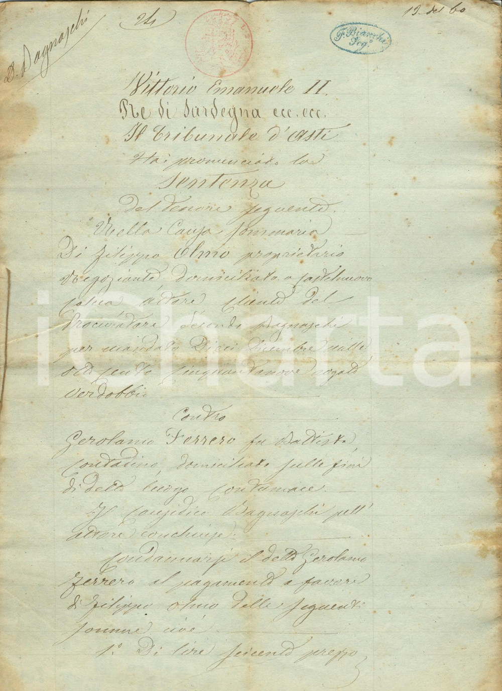 Documento originale, autentico 1860 CASTELNUOVO CALCEA (AT) Condanna Girolamo FERRERO per pagamento vigna 1