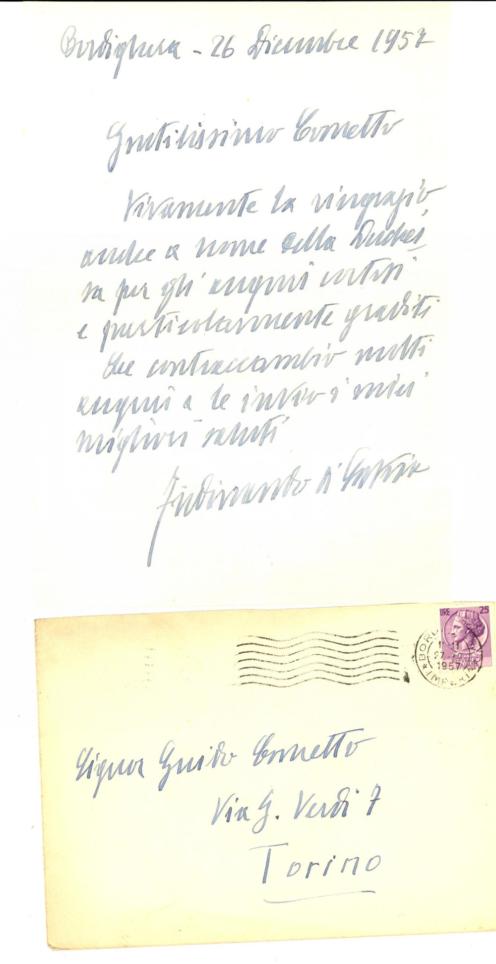 Autografo originale 1957 BORDIGHERA Ringraziamenti di Ferdinando di SAVOIAGENOVA AUTOGRAFO 1