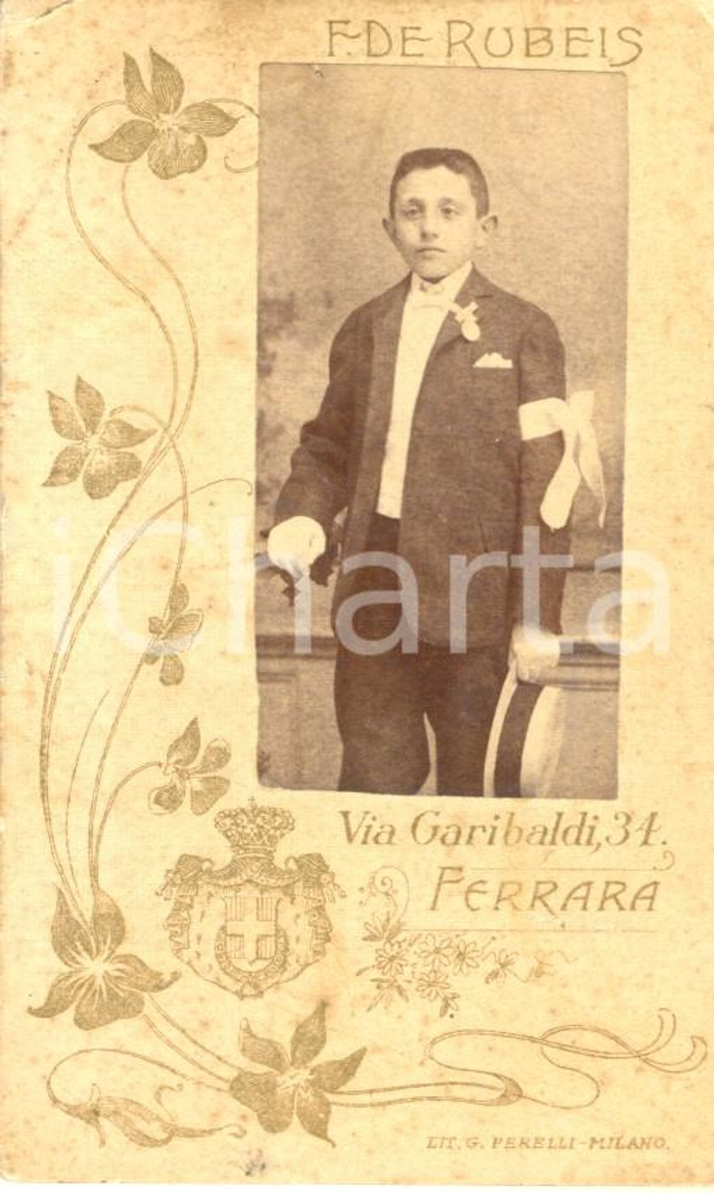 Fotografia d'epoca originale 1890 ca FERRARA Ritratto di bambino alla Prima Comunione *Foto DE RUBEIS 1