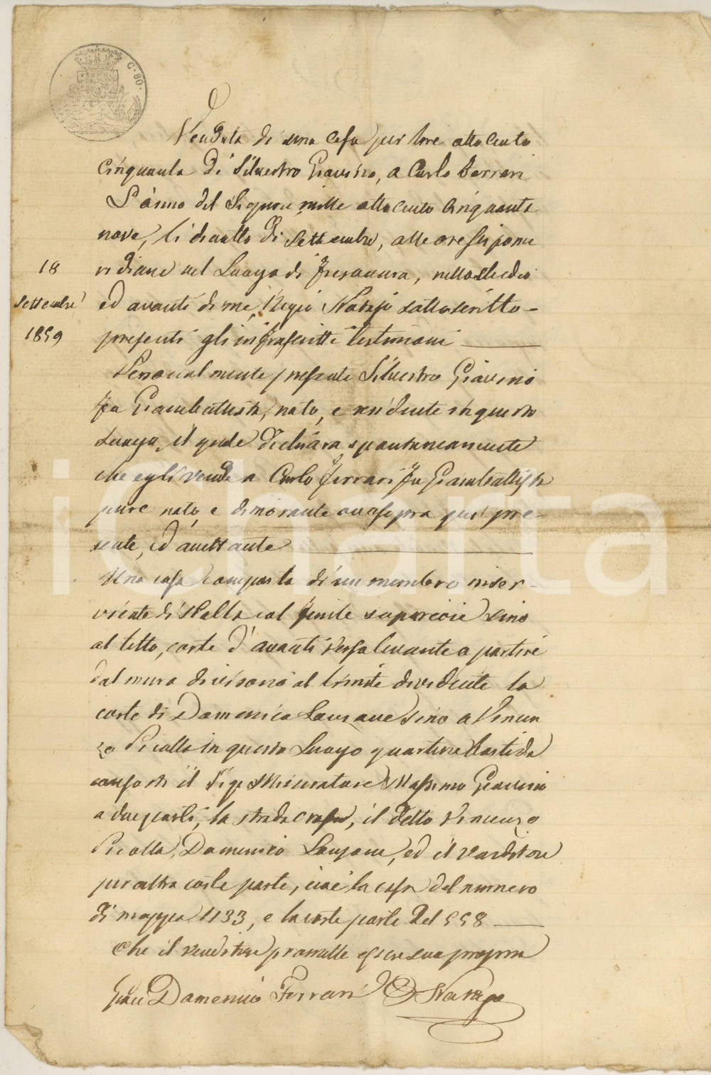 Documento originale, autentico 1860 FRESONARA (AL) Silvestro GIAVINO vende casa a Carlo FERRARI *Manoscritto 1