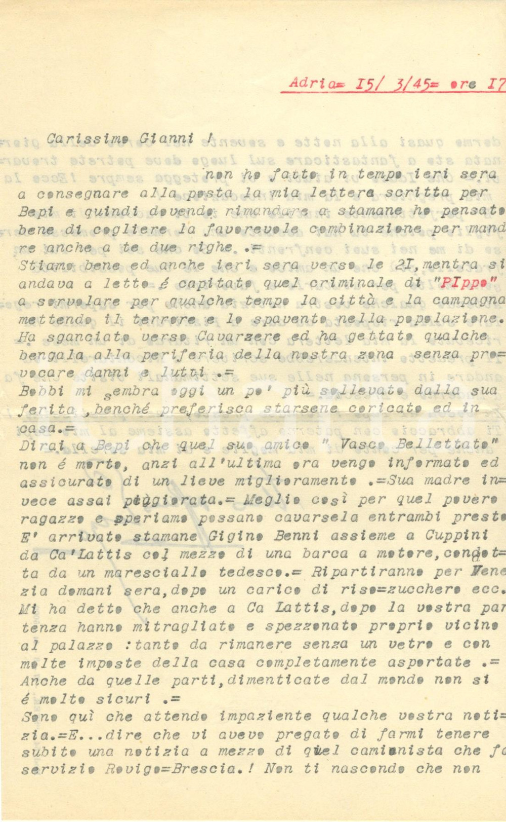 Documento originale, autentico 1945 WW2 RSI ADRIA RO Enzo MORESCO racconta bombardamento a CAVARZERE Lettera 1