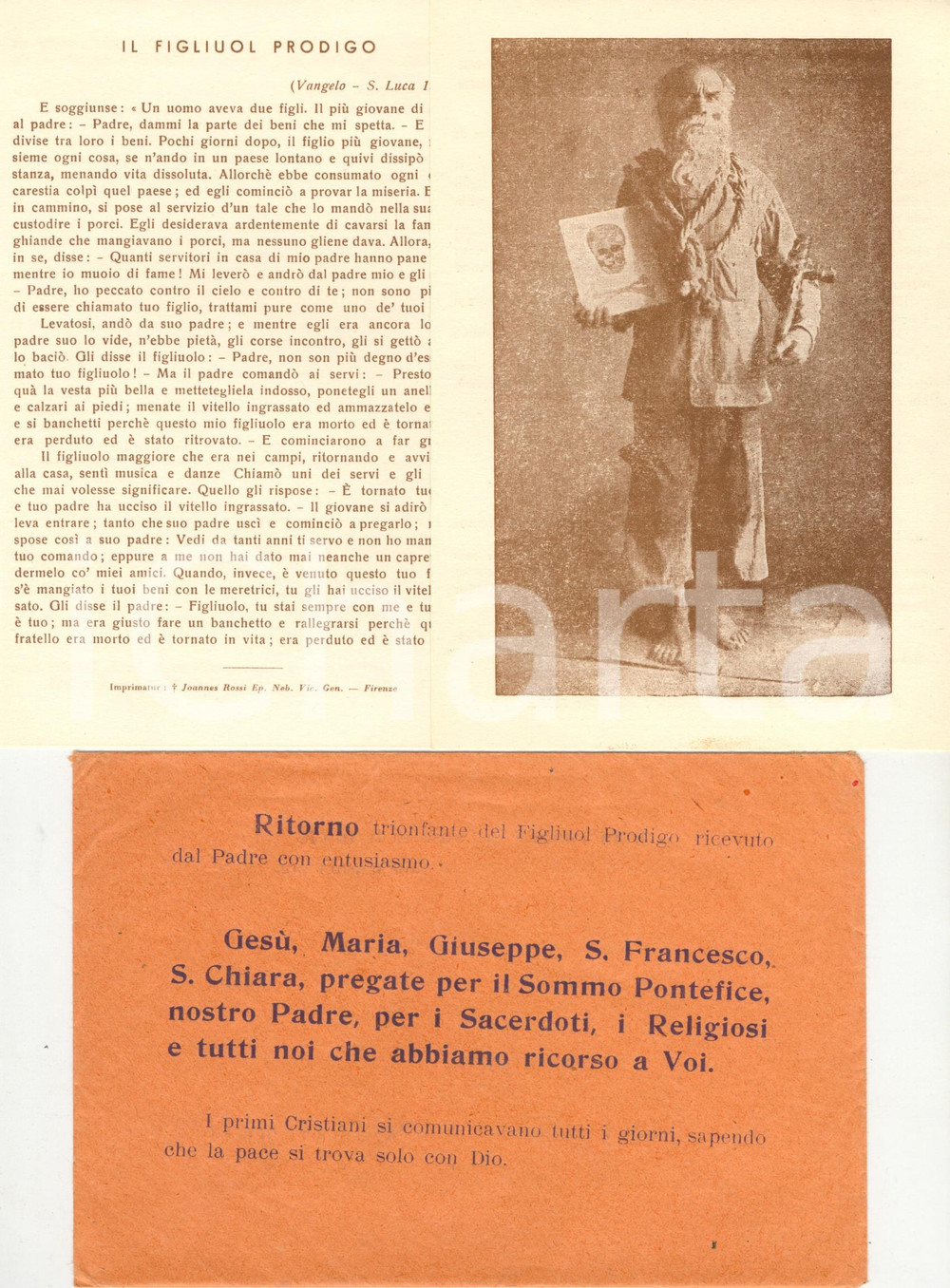 Documento originale, autentico 1955 ASSISI Il figliuol prodigo  Penitenza e preghiera per OGNISSANTI Volantini 1