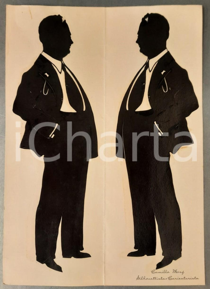 Stampa, bozzetto originale 1960 ca CAMILLA MARY Silhouettista - Uomo in abito elegante *Bozzetto COLLAGE 1