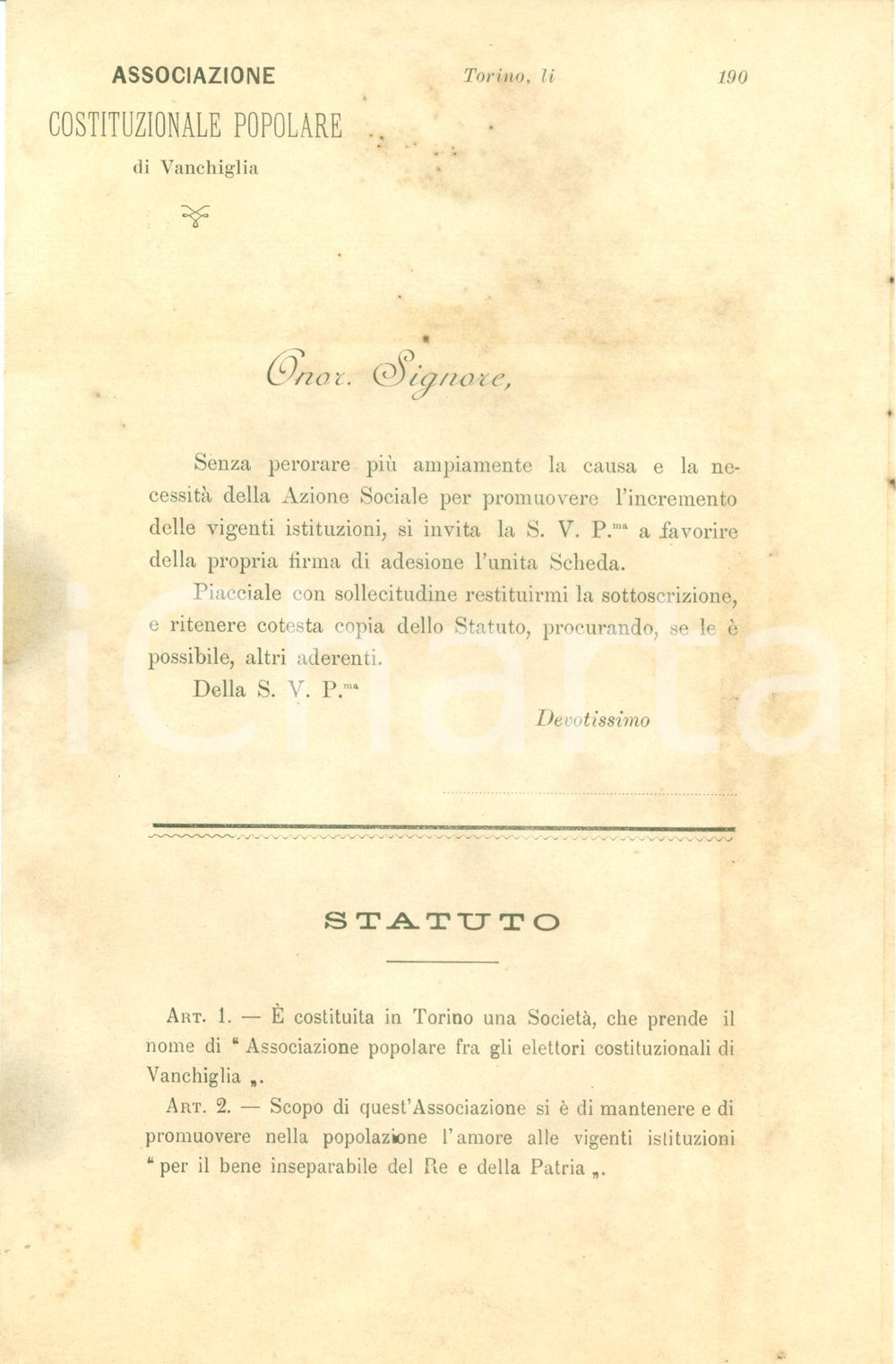 Documento originale, autentico 1900 TORINO Associazione Costituzionale Popolare VANCHIGLIA Statuto 1