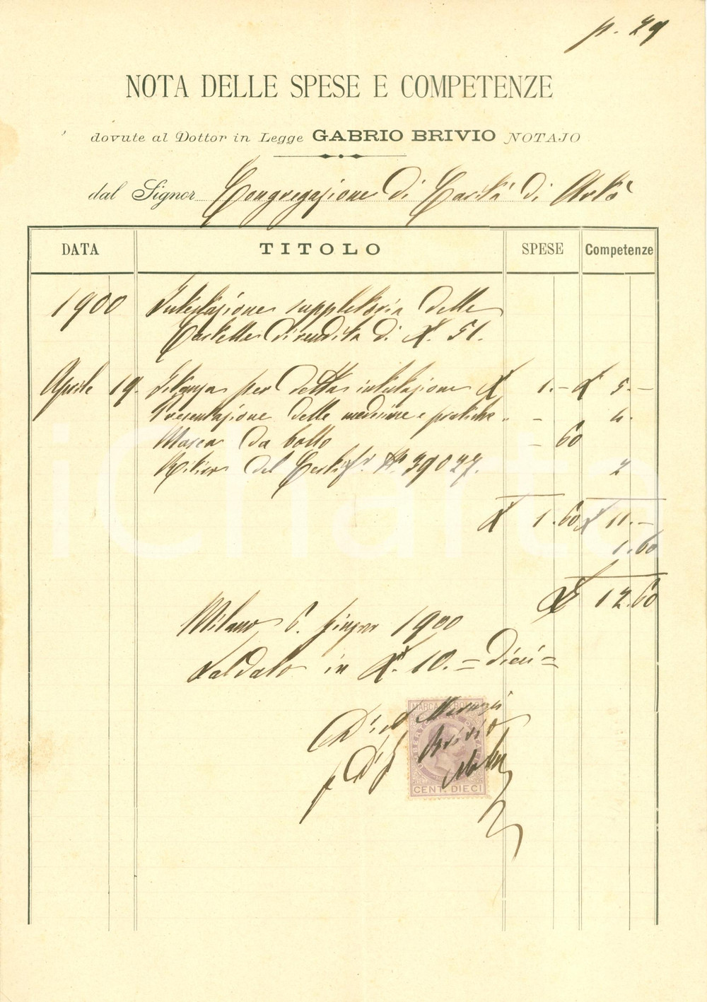 Documento originale, autentico 1900 MADONNA DEL SASSO (VB) Spese notaio Gabrio BRIVIO di ARTO' *Documento 1