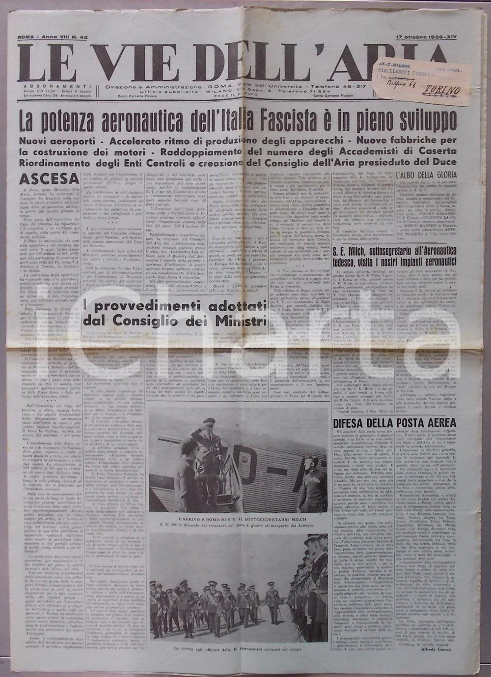 Giornale, rivista storica 1936 LE VIE DELL ARIA Potenza aeronautica ITALIA FASCISTA in pieno sviluppo 1