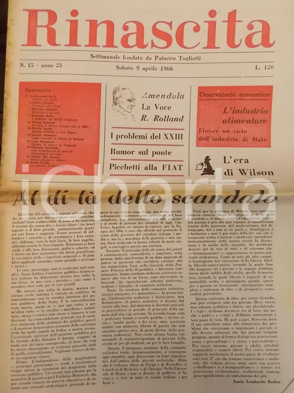 Giornale, rivista storica 1966 RINASCITA Aniello COPPOLA Picchetti alla FIAT *Giornale 1