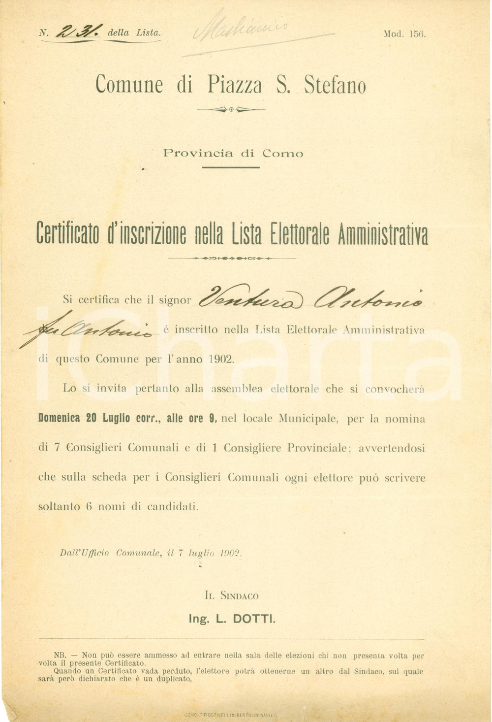 Documento originale, autentico 1902 CERNOBBIO Antonio VENTURA elezioni comunali PIAZZA SANTO STEFANO 1