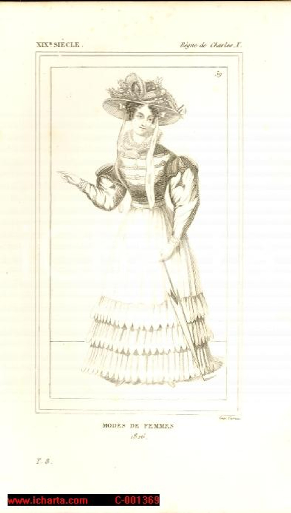 Stampa, bozzetto originale 1852 REGNE DE CHARLES X Costume franÃ§ais  Modes des femmes en 1826 Gravure 1