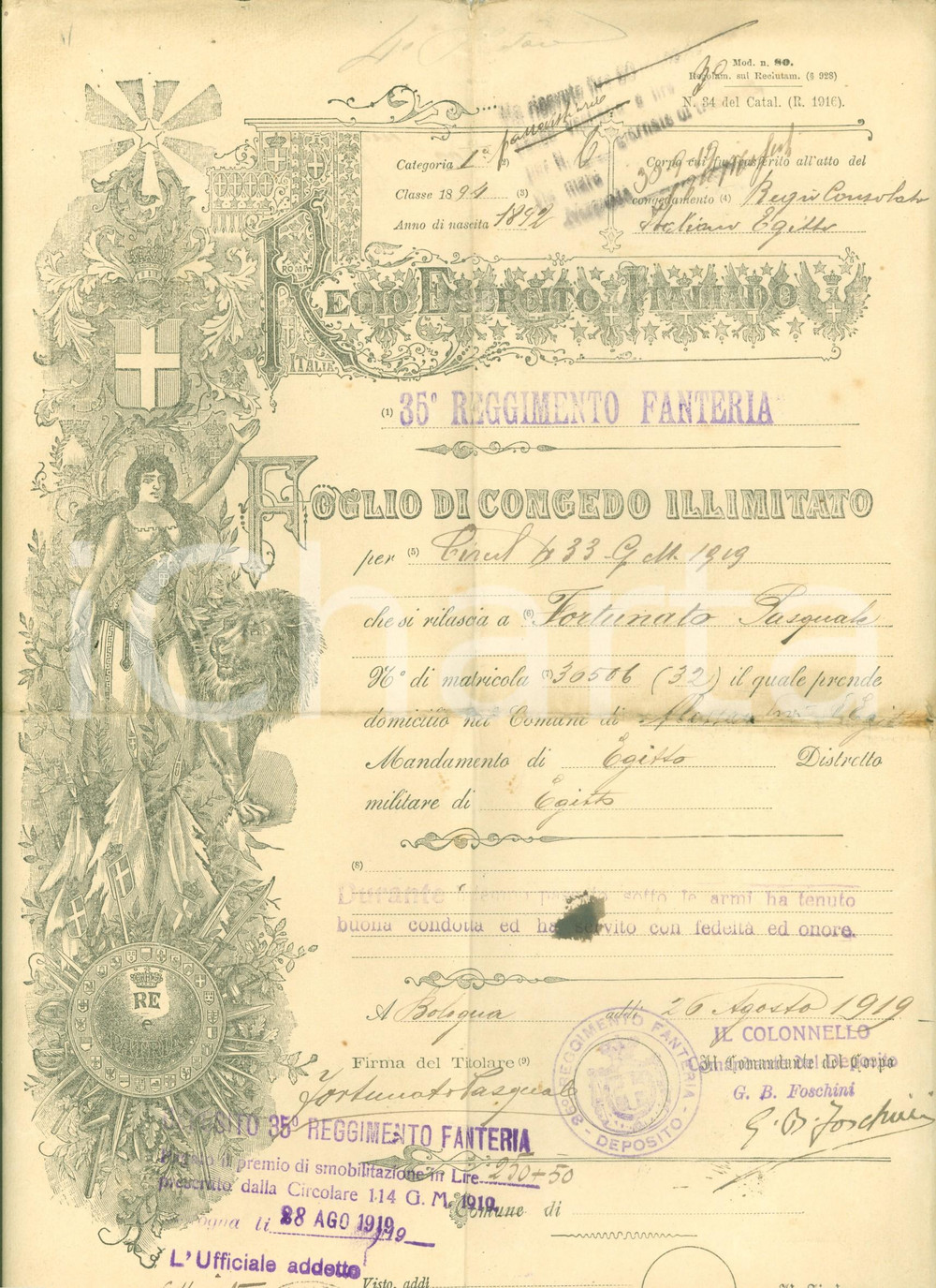 Documento originale, autentico 1919 ALESSANDRIA D'EGITTO Congedo illimitato Fortunato PASQUALE 35° Fanteria 1