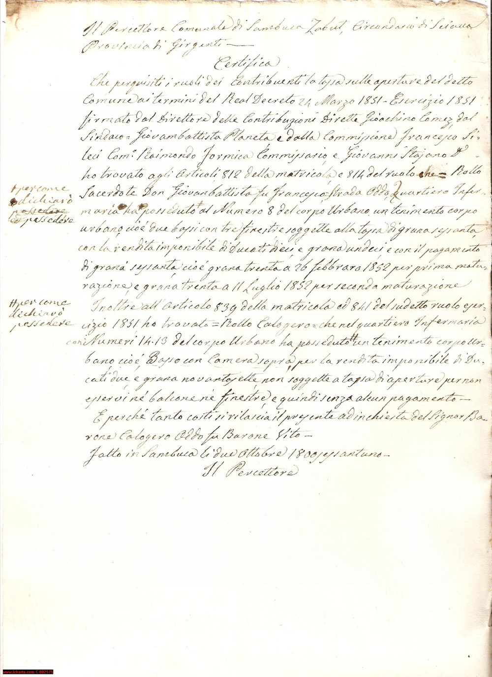 Documento originale, autentico 1861 SAMBUCA (AG) Don ROLLO possiede casa con finestre 1