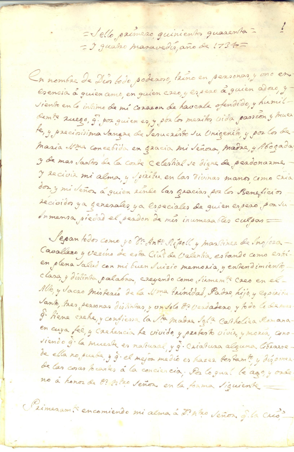 Documento originale, autentico 1734 VALENCIA (ES) Testamento don Antonio RIPOLL MARTINEZ DE INOJOSA *Manuscript 1