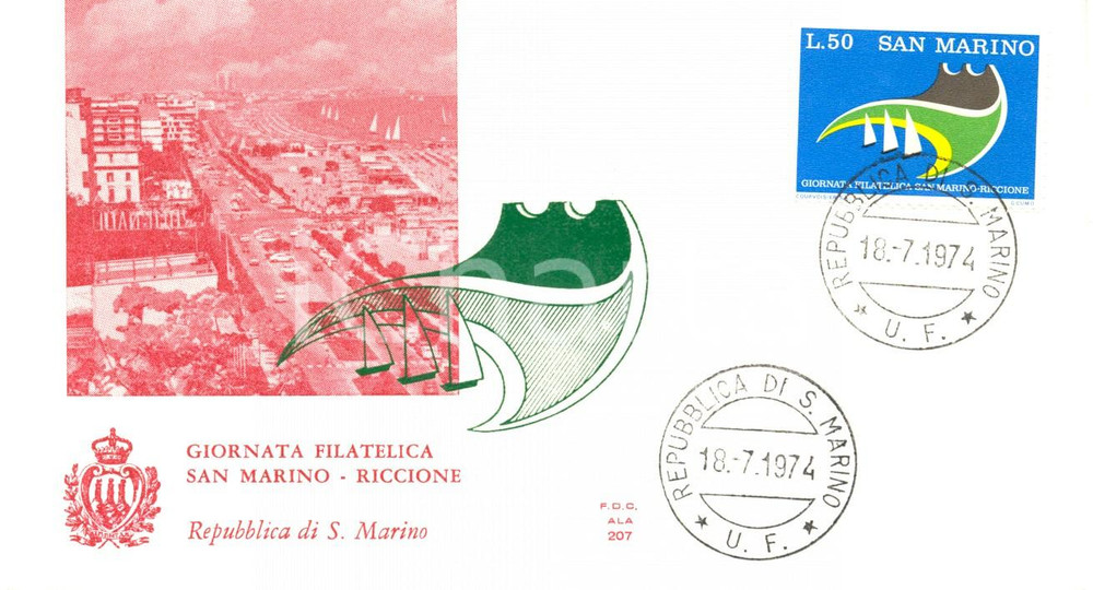 Materiale pubblicitario d’epoca 1974 REPUBBLICA SAN MARINO Giornata filatelica con annullo BUSTA PRIMO GIORNO 1