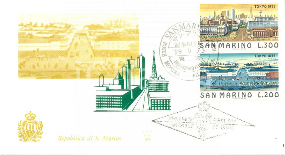 Materiale pubblicitario d’epoca 1975 REPUBBLICA SAN MARINO Vedute di TOKYO con annullo BUSTA PRIMO GIORNO 1