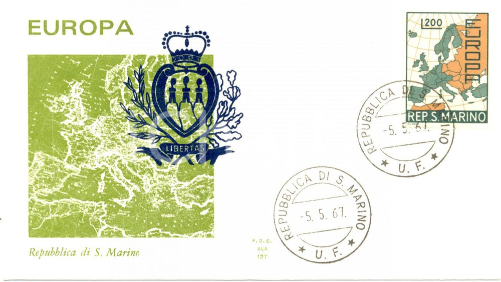Materiale pubblicitario d’epoca 1967 REPUBBLICA SAN MARINO Europa con annullo filatelico BUSTA PRIMO GIORNO 1