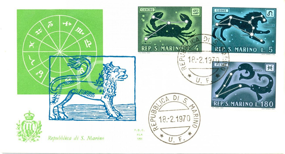 Materiale pubblicitario d’epoca 1970 REPUBBLICA SAN MARINO Segni zodiacali con annullo BUSTA PRIMO GIORNO 1