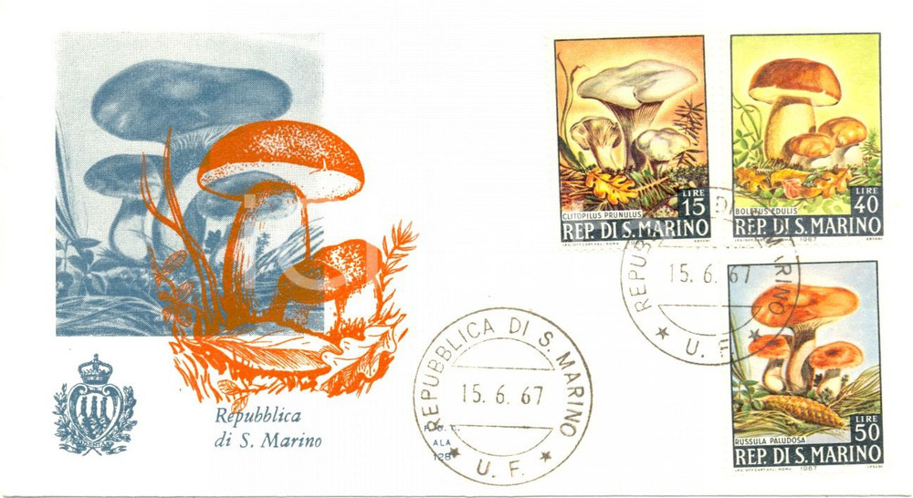 Materiale pubblicitario d’epoca 1967 REPUBBLICA SAN MARINO Varietà di FUNGHI con annullo BUSTA PRIMO GIORNO 1
