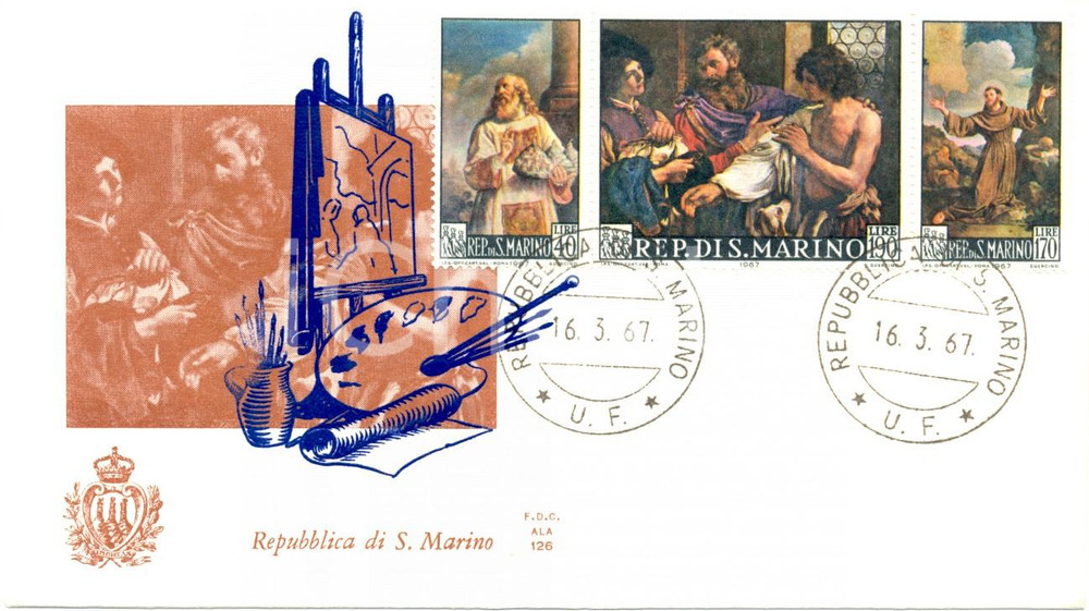 Materiale pubblicitario d’epoca 1967 REPUBBLICA SAN MARINO Dipinti a tema religioso annullo BUSTA PRIMO GIORNO 1
