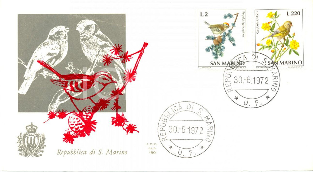 Materiale pubblicitario d’epoca 1972 REPUBBLICA SAN MARINO Varietà di UCCELLI con annullo BUSTA PRIMO GIORNO 1