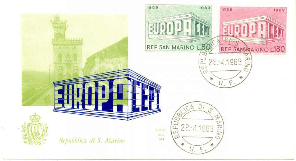 Materiale pubblicitario d’epoca 1969 REPUBBLICA SAN MARINO CEPT EUROPA con annullo filatelico BUSTA PRIMO GIORNO 1