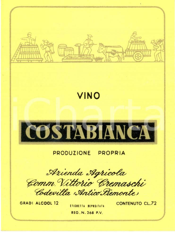 Materiale pubblicitario d’epoca 1970 ca CODEVILLA PV Vino COSTABIANCA Azienda CREMASCHI Etichetta ILLUSTRATA 1