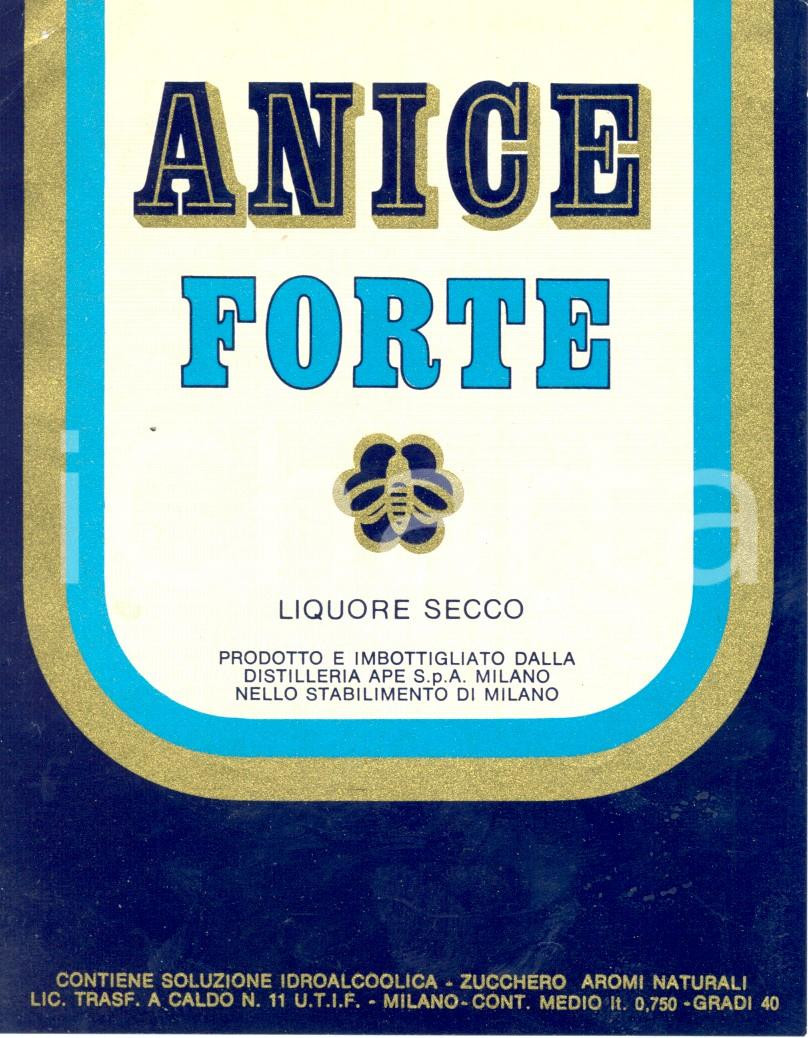Materiale pubblicitario d’epoca 1970 ca MILANO ANICE FORTE Liquore secco Distilleria APE Etichetta ILLUSTRATA 1