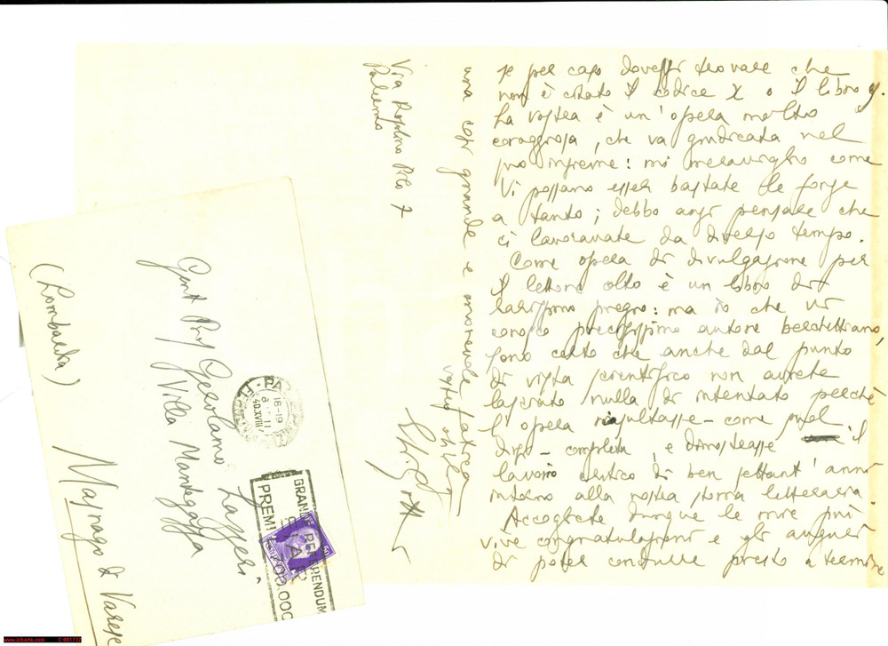Autografo originale 1940 PALERMO Parere Ettore LI GOTTI su opera di Gerolamo LAZZERI Autografo 1