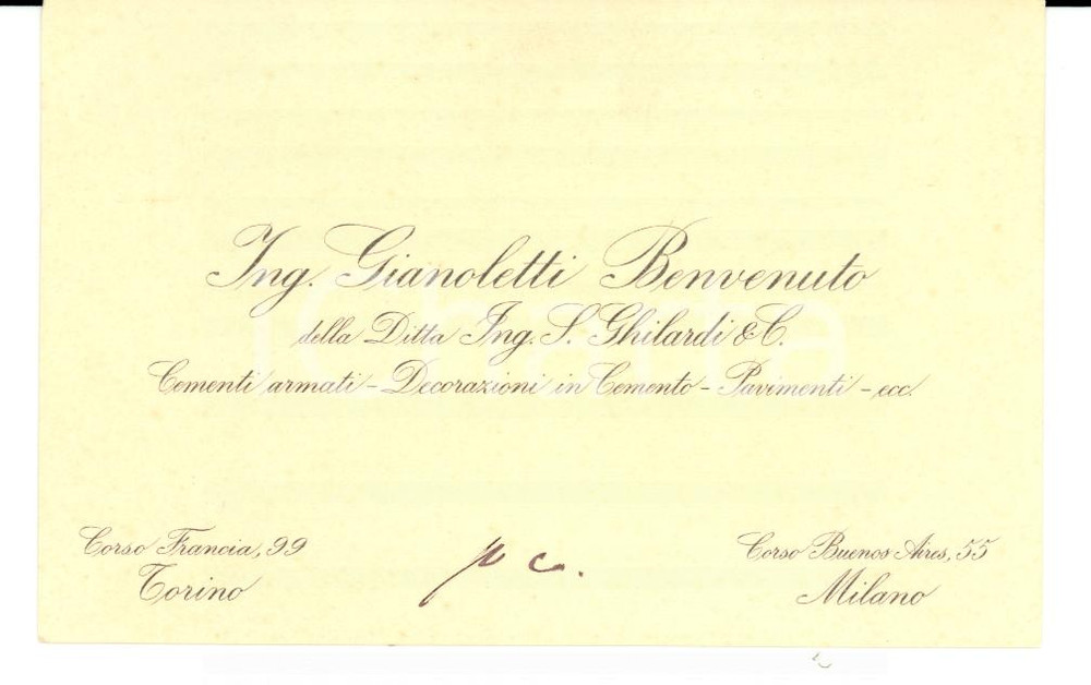 Oggetto da collezione cartaceo 1900 circa TORINO Biglietto da visita ingegnere Benvenuto GIANOLETTI 1