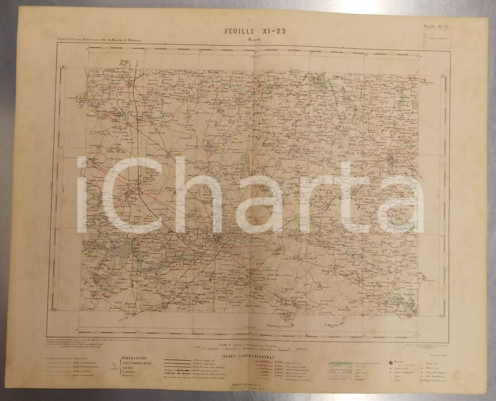 Stampa, bozzetto originale 1879 PARIS Atlas département de la VENDEE   Carte de NIORT 45x55 cm 1