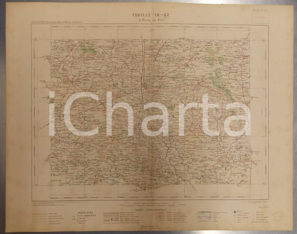 Stampa, bozzetto originale 1879 PARIS Atlas département de la VENDEE   Carte de LA ROCHESURYON 1