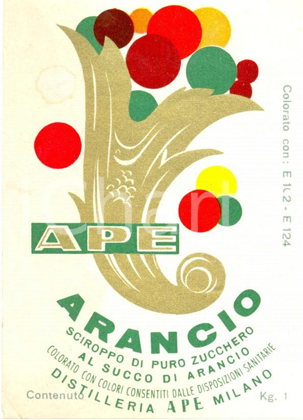 Materiale pubblicitario d’epoca 1970 ca MILANO APE ARANCIO Sciroppo di puro zucchero ETICHETTA ILLUSTRATA 1