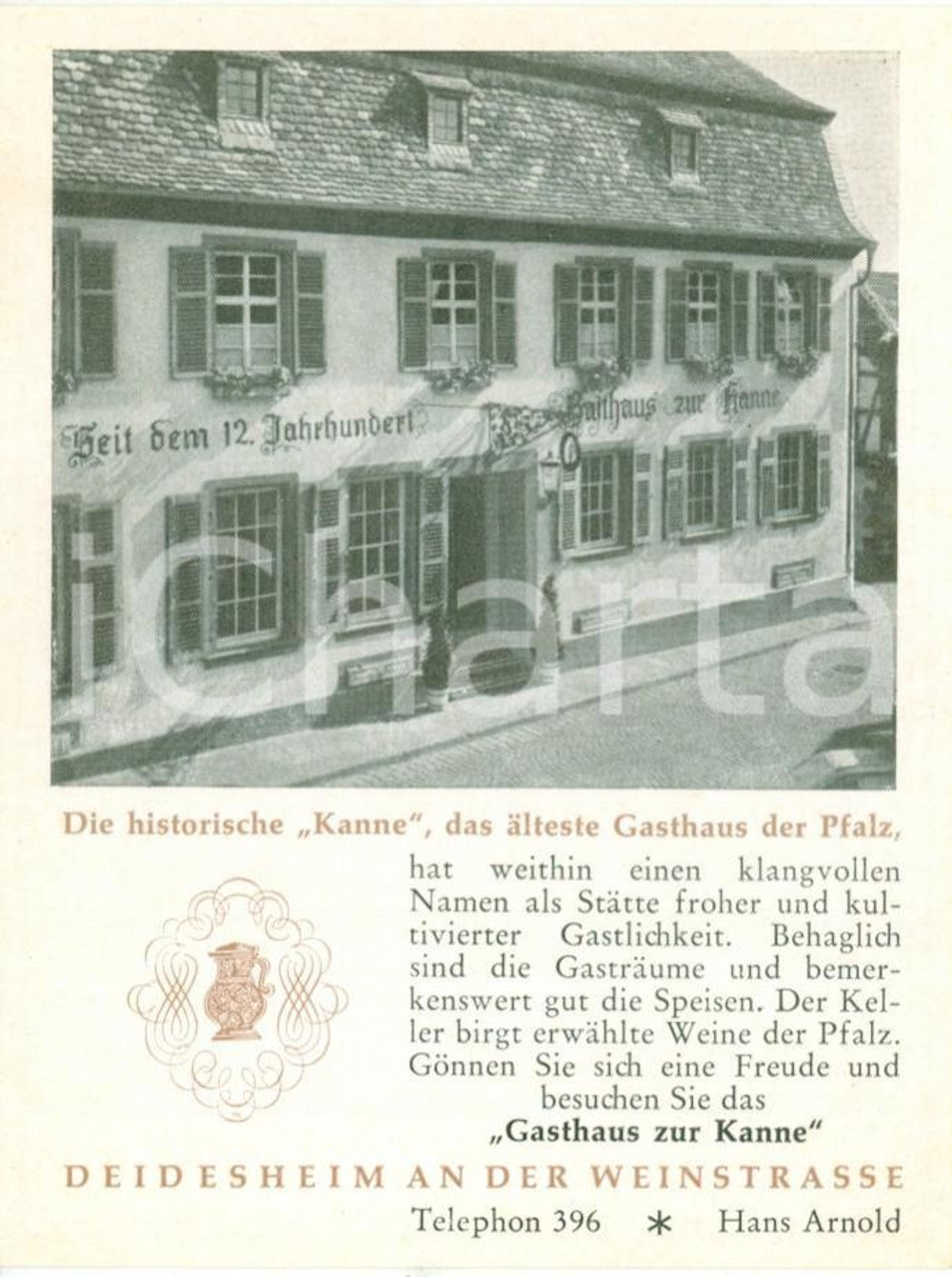 Materiale pubblicitario d’epoca 1950 ca DEIDESHEIM D Albergo Gasthaus ZUR KANNE Volantino pubblicitario 1