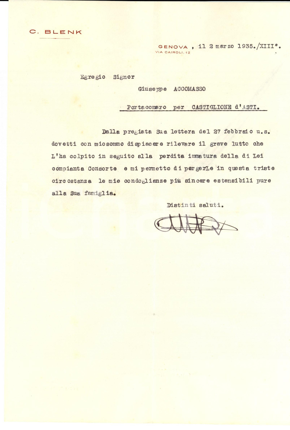 Manoscritto, lettera originale 1935 GENOVA Condoglianze della ditta C. BLENK vagoni ferroviari 1