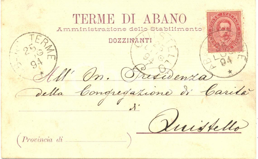 Cartolina originale da collezione 1894 ABANO TERME (PD) Accettazione malato nello stabilimento dozzinanti *FP VG 1