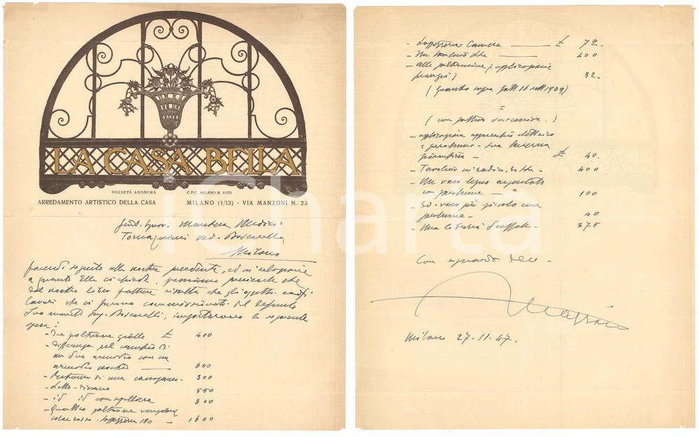 Manoscritto, lettera originale 1947 MILANO  LA CASA BELLA  Conto marchesa MEDICI TORNAQUINCI Lettera 1