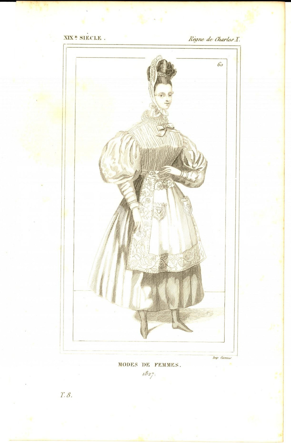 Stampa, bozzetto originale 1852 COSTUME FRANCAIS Mode de femmes sous Charles X en 1827 Imp. CAMUS 1