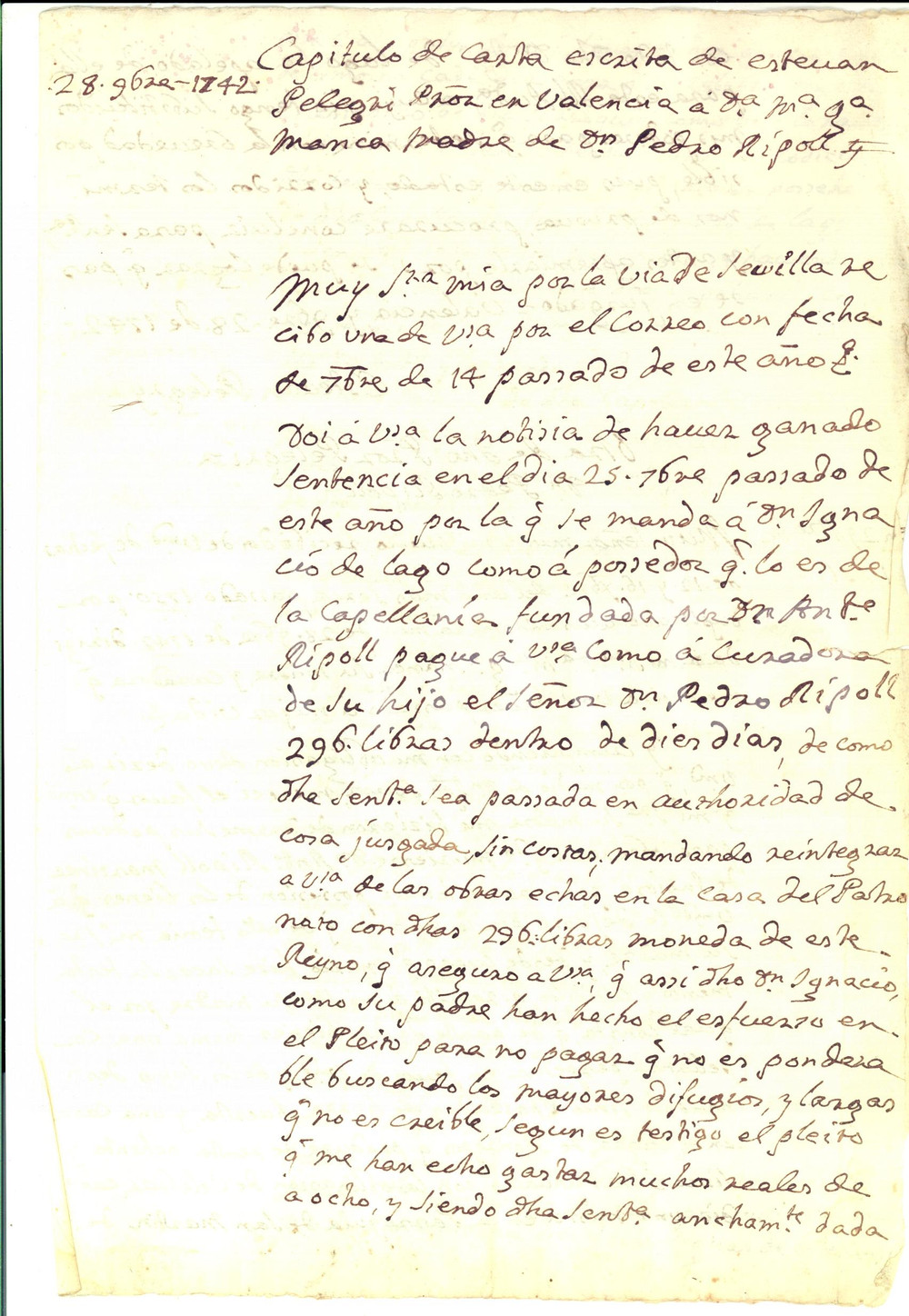 Documento originale, autentico 1742 VALENCIA Lettera don Esteban PELEGRI  a donna Maria Grazia MANCA 1