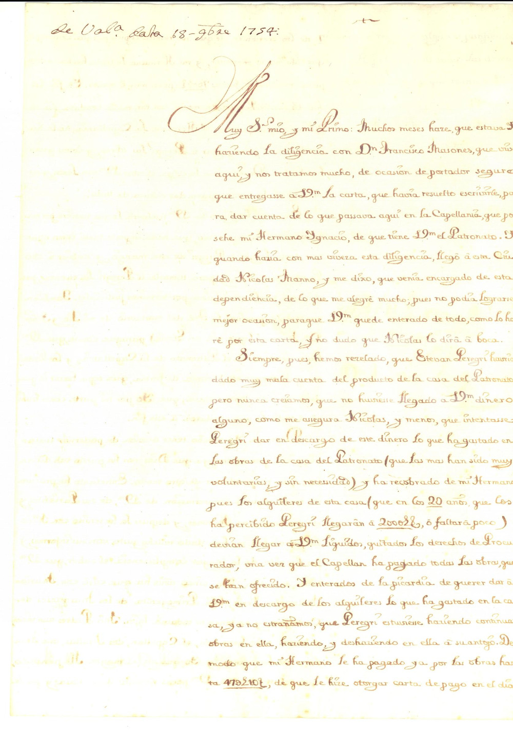 Documento originale, autentico 1754 VALENCIA Don Francisco DE LAGO cattivo amministratore Esteban PEREGRI 1
