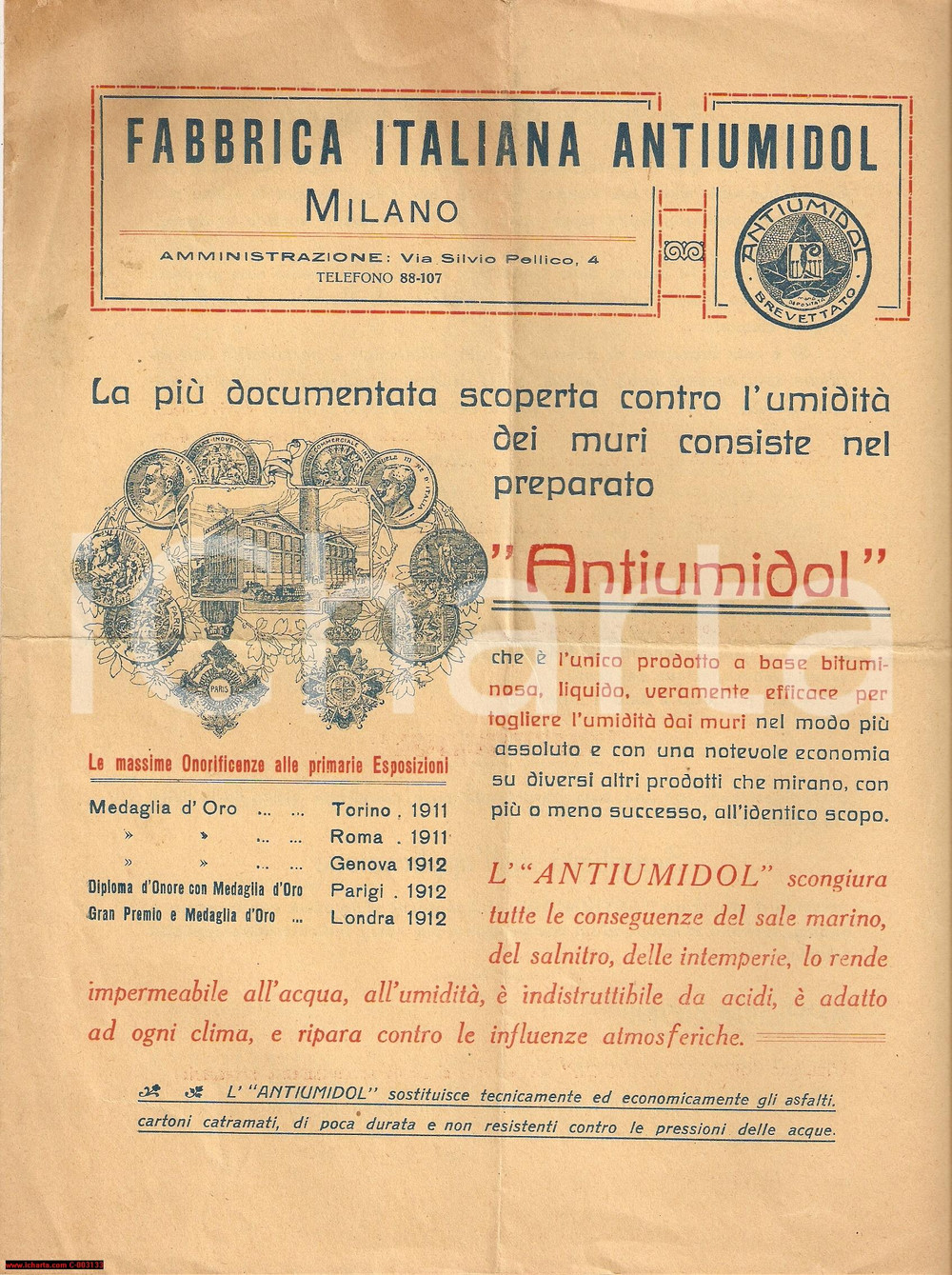 Materiale pubblicitario d’epoca 1920 ca MILANO Fabbrica Italiana ANTIUMIDOL  Pieghevole Illustrato 1
