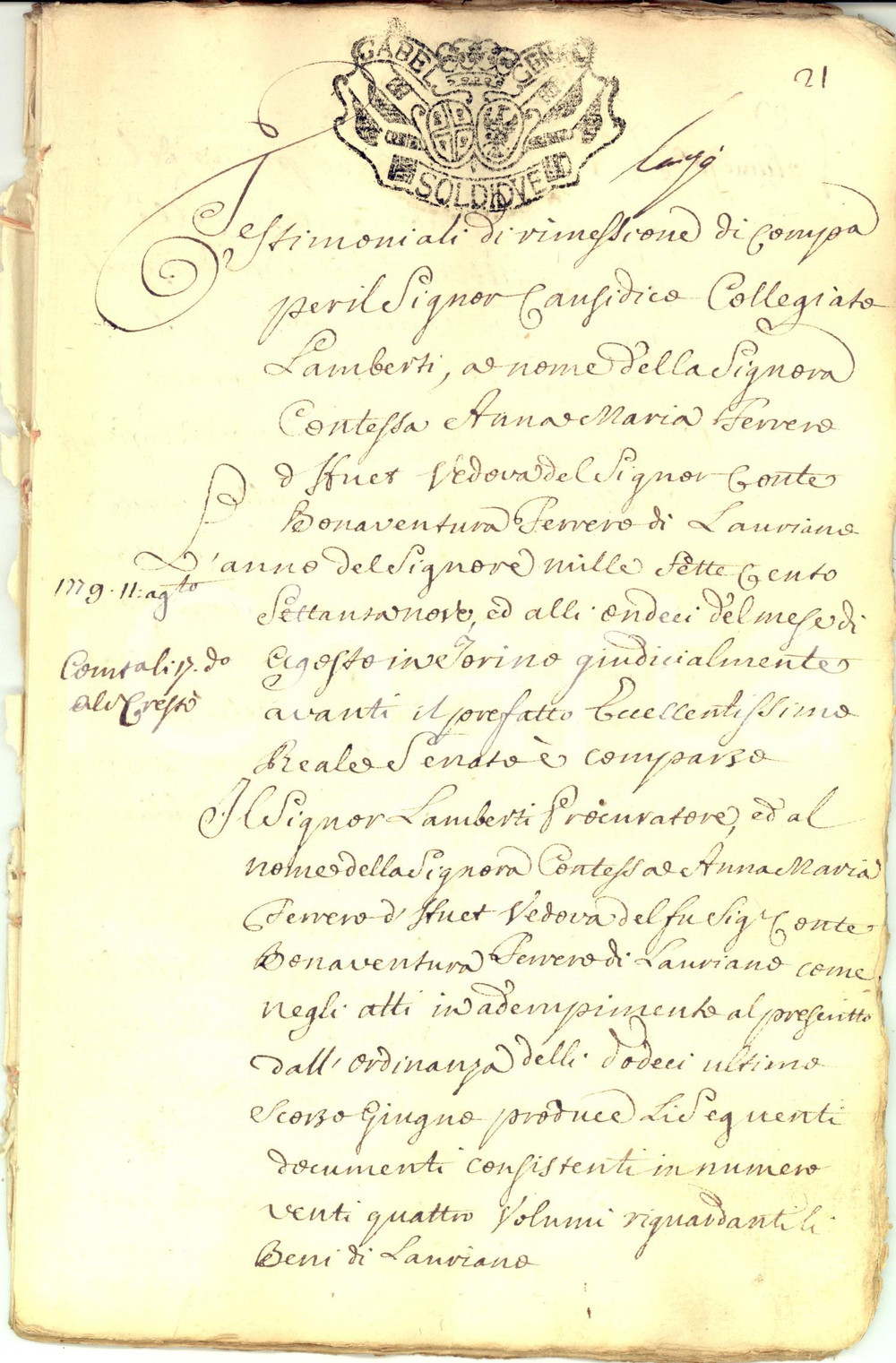 Documento originale, autentico 1779 TORINO Scritture sui beni della contessa Anna Maria FERRERO D HUET 34 pp. 1