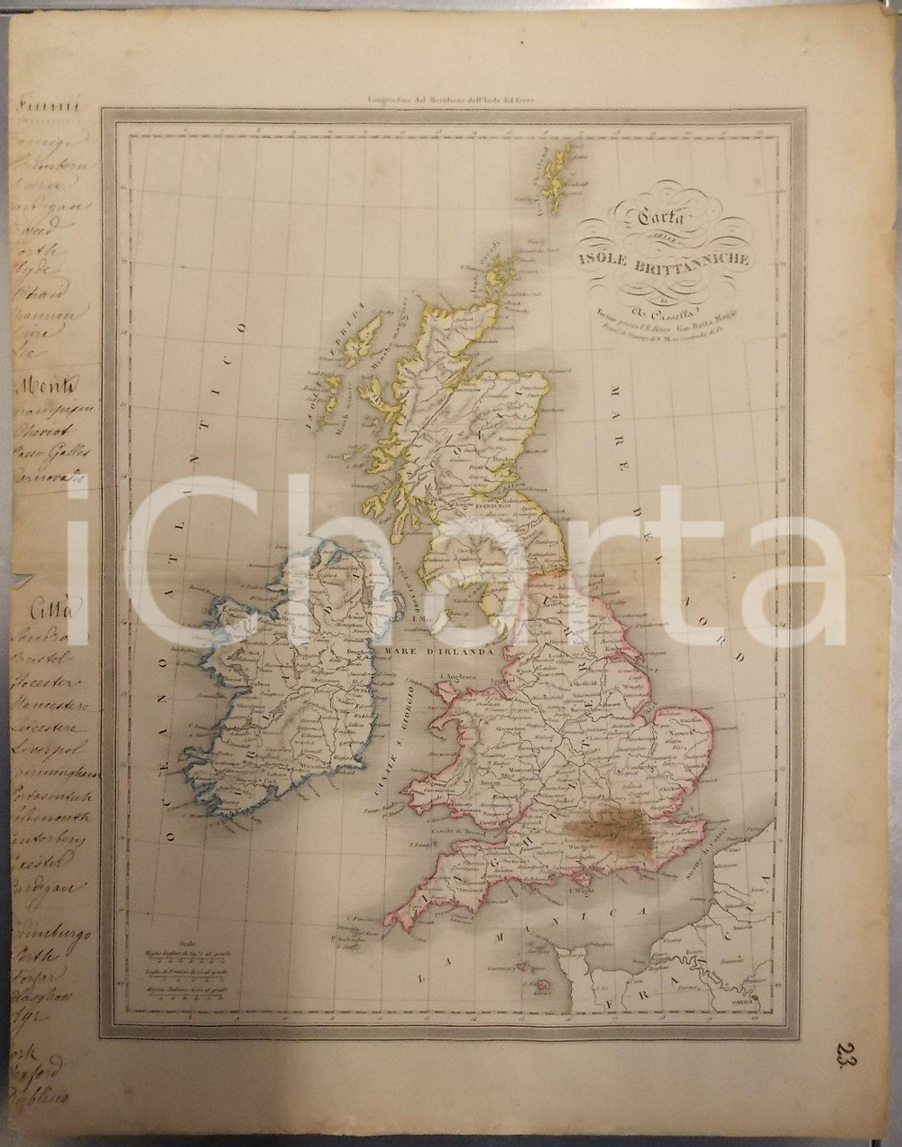 Stampa, bozzetto originale 1865 ca TORINO Atlante universale  Carta delle ISOLE BRITANNICHE Ed. MAGGI 1