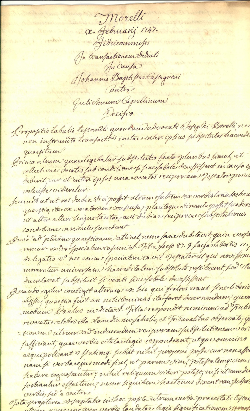 Documento originale, autentico 1747 TORINO Giovanni Battista CASTAGNONI contro Guglielmo CAPELLINO per eredità 1