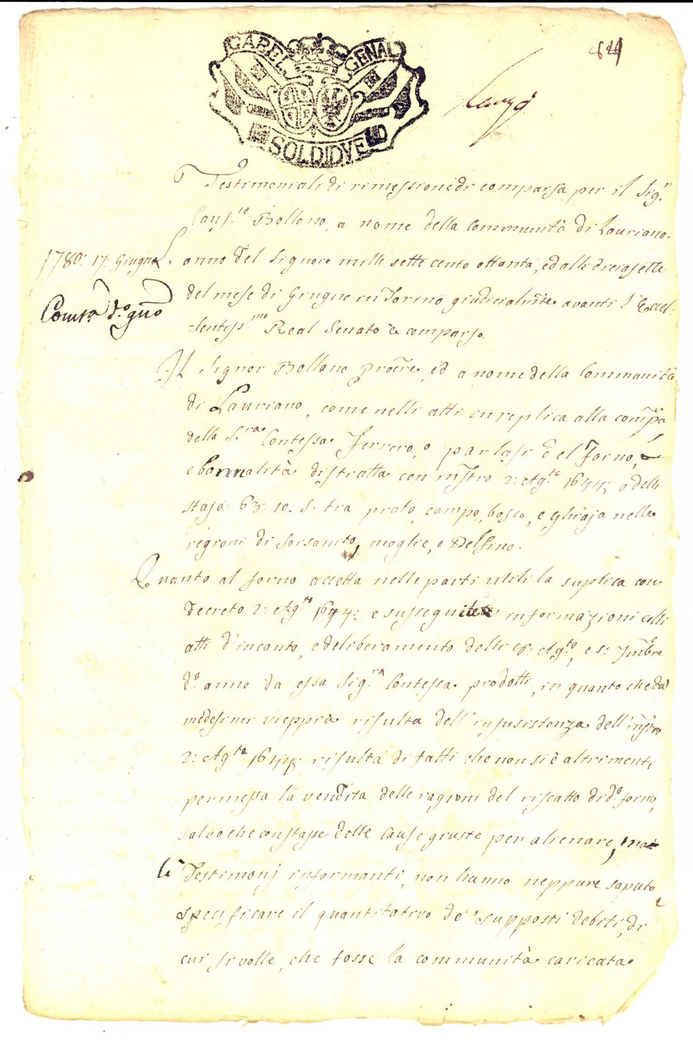 Documento originale, autentico 1780 LAURIANO Lite tra contessa Anna Maria FERRERO D HUET e comunità per forno 1